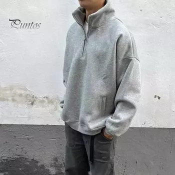 Мужская толстовка осень-зима с полузастежкой-молнией и воротником-стойкой, однотонный свободный свитер с длинными рукавами, повседневный уличный топ M серый