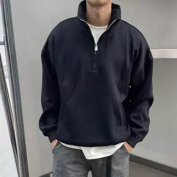 Мужская толстовка осень-зима с полузастежкой-молнией и воротником-стойкой, однотонный свободный свитер с длинными рукавами, повседневный уличный топ M серый