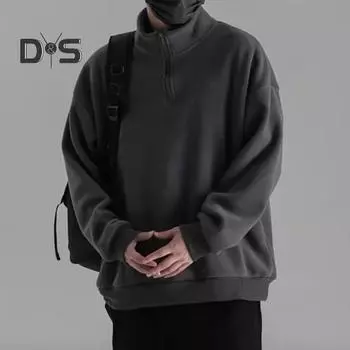 Мужская толстовка осень-зима с полузастежкой-молнией и воротником-стойкой в стиле ретро, однотонная двухсторонняя бархатная свободная кофта с длинными рукавами для школы, свиданий и путешествий L темно-серого