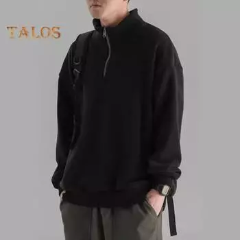 Мужская толстовка осень-зима с полузастежкой-молнией и воротником-стойкой в стиле ретро, однотонная двухсторонняя бархатная свободная кофта с длинными рукавами для школы, свиданий и путешествий L темно-серого