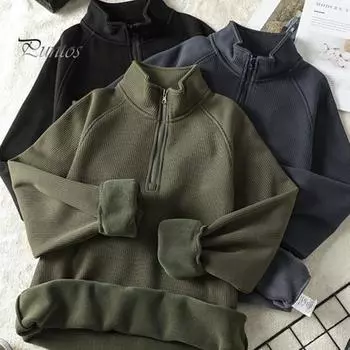 Мужская толстовка осень-зима с застежкой-молнией и воротником-стойкой, свободная однотонная, с длинными рукавами, ретро, с плечом реглан, повседневная одежда, топ L чёрный