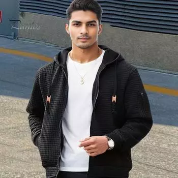 Мужская толстовка, пальто с капюшоном, завязками, длинными рукавами, вафельная текстура, спортивная куртка с карманами, однотонная повседневная свободная верхняя одежда S чёрный