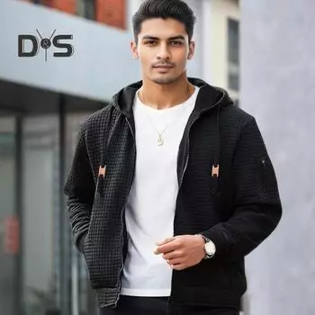 Мужская толстовка, пальто с капюшоном, завязками, длинными рукавами, вафельная текстура, спортивная куртка с карманами, однотонная повседневная свободная верхняя одежда S чёрный