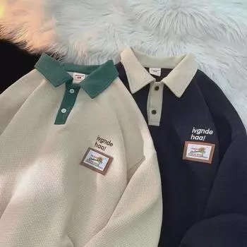 Мужская толстовка-поло в стиле ретро с вафельным узором — свободный крой, воротник-лацкан, стиль весна/осень XL абрикосовый