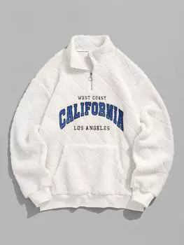 Мужская толстовка-пуловер из флиса с вышитыми буквами CALIFORNIA LOS ANGELES, на молнии, с четвертью, с пушистым фактурным рисунком из шерпы S белый