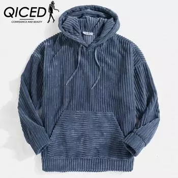 Мужская толстовка QICED из утолщенного вельвета с длинным рукавом, однотонная, с карманом-кенгуру, с капюшоном S синий