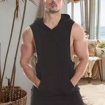 Мужская толстовка с капюшоном, без рукавов, однотонная летняя толстовка, свободный крой, дышащая ткань S чёрный