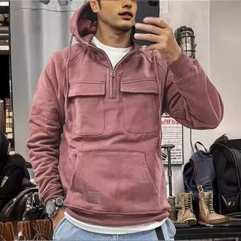 Мужская толстовка с капюшоном, большим накладным карманом, затягивающимся шнурком, длинным рукавом и полумолнией L чёрный