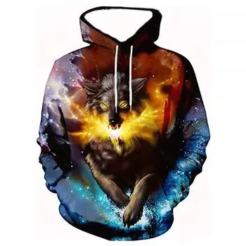 Мужская толстовка с капюшоном Comfy с длинным рукавом с графическим принтом «Огонь и волк» и карманом M жёлтый