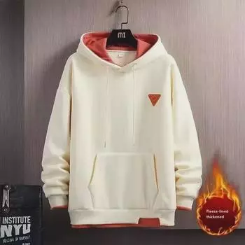 Мужская толстовка с капюшоном цвета абрикос: Утолщенный бархат, широкий подол, разрезы — модная куртка в стиле вестерн на осень и зиму 2024 года. 2XL