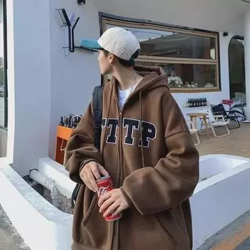 Мужская толстовка с капюшоном цвета кофе 2023 года: Модный кардиган в американском стиле, осенняя свободная верхняя одежда в стиле ретро M абрикосовый