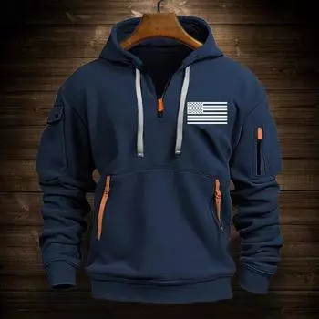 Мужская толстовка с капюшоном для фитнеса на весну и осень с декором на молнии, с плюшевой подкладкой, с несколькими карманами, с толстыми эластичными манжетами и подолом в виде американского флага для путешествий M темно-серого