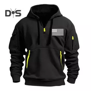 Мужская толстовка с капюшоном для фитнеса на весну и осень с декором на молнии, с плюшевой подкладкой, с несколькими карманами, с толстыми эластичными манжетами и подолом в виде американского флага для путешествий XXXL темно-синий