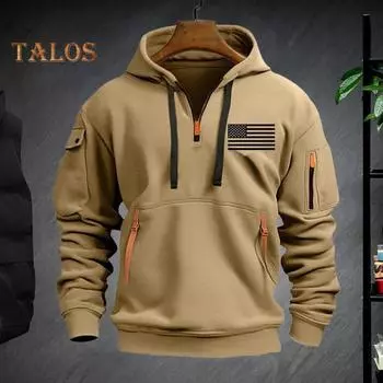 Мужская толстовка с капюшоном для фитнеса на весну и осень с декором на молнии, с плюшевой подкладкой, с несколькими карманами, с толстыми эластичными манжетами и подолом в виде американского флага для путешествий M чёрный