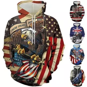 Мужская толстовка с капюшоном Hot Style с принтом флага США Cool Eagle Printed Hooded Sweatshirt Trendy Personality Hoodie Men s Long-shirts Casual Tops S