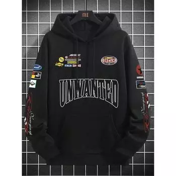 Мужская толстовка с капюшоном и карманом-кенгуру с буквенным принтом, повседневная свободная толстовка с длинными рукавами на флисовой подкладке S