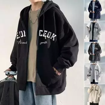 Мужская толстовка с капюшоном и принтом букв, свободный кардиган на молнии с завязками на завязках, верхняя одежда с карманами, спортивная куртка средней длины M темно-серого