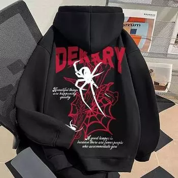 Мужская толстовка с капюшоном и принтом паука Y2k Осень-зима Ретро-толстовка Harajuku с длинными рукавами Свободная одежда L чёрный