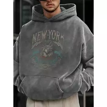 Мужская толстовка с капюшоном и принтом «Письмо и Статуя Свободы» с карманом-кенгуру и заниженной линией плеч S