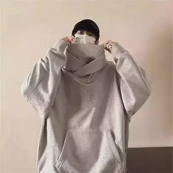 Мужская толстовка с капюшоном и высоким воротником — модная свободная модель на осень/зиму для пар M чёрный