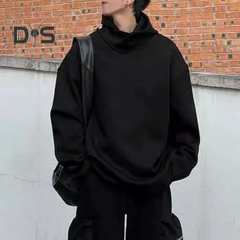 Мужская толстовка с капюшоном и защитой лица, с длинным рукавом, однотонная, свободная, спортивная, с воротником на пуговицах M чёрный