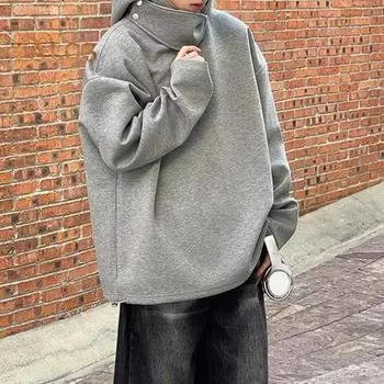 Мужская толстовка с капюшоном и защитой лица, с длинным рукавом, однотонная, свободная, спортивная, с воротником на пуговицах M чёрный