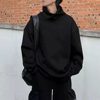 Мужская толстовка с капюшоном и защитой лица, с длинным рукавом, однотонная, свободная, спортивная, с воротником на пуговицах M чёрный