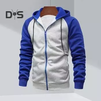 Мужская толстовка с капюшоном, контрастного цвета, с капюшоном, застежкой-молнией, длинными рукавами, карманами, эластичным плюшем и манжетами, спортивная куртка для фитнеса S синий