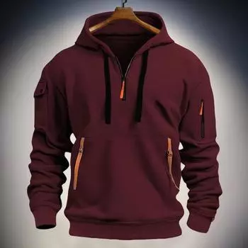 Мужская толстовка с капюшоном на молнии и ремешках, декорированная завязками, с капюшоном, осень-весна-зима, пэчворк, пуловер с капюшоном и эластичными манжетами для повседневной работы в школе и на открытом воздухе S хаки