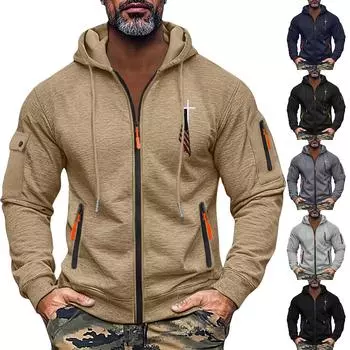 Мужская толстовка с капюшоном на молнии, карманный кардиган, мужская спортивная повседневная толстовка большого размера L чёрный