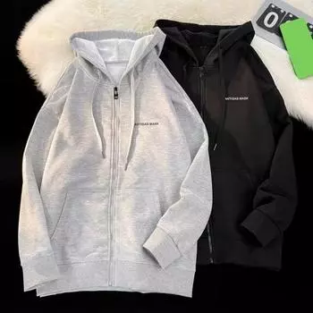 Мужская толстовка с капюшоном на молнии с завязками на осень-зиму, свободная верхняя одежда с карманами M чёрный