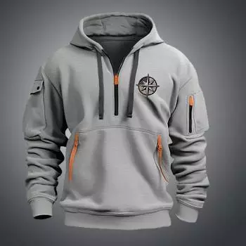 Мужская толстовка с капюшоном на осень-зиму, однотонная, с длинными рукавами, застежкой-молнией до середины бедра, вышитым значком, большим карманом, с капюшоном, свободная повседневная одежда, повседневный спортивный топ L темно-синий