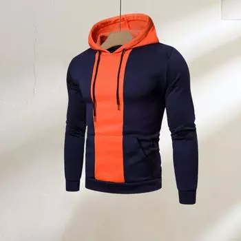 Мужская толстовка с капюшоном на осень-зиму с цветными блоками, длинными рукавами, большим карманом, с капюшоном в стиле ретро, тонкая свободная повседневная спортивная одежда M чёрный