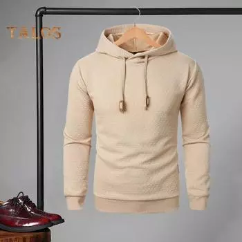 Мужская толстовка с капюшоном на осень-зиму, однотонная, с длинными рукавами, жаккардовый дизайн, эластичные манжеты и подол, тонкая повседневная одежда, повседневный спортивный топ S хаки