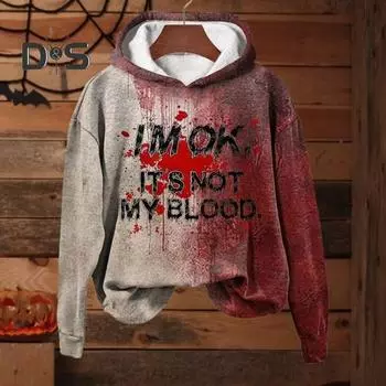 Мужская толстовка с капюшоном на осень-зиму на Хэллоуин с принтом кровавых пятен, эластичными манжетами, ретро-узором с 3D-буквами, толстая, градиентного цвета, с капюшоном, свободная, сохраняющая тепло, средней длины, спортивная XL