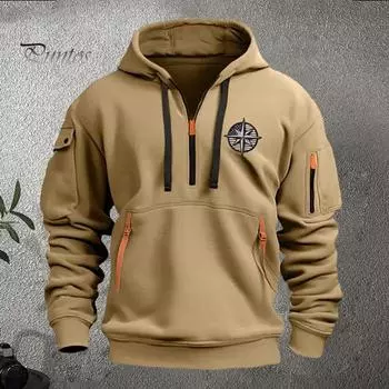 Мужская толстовка с капюшоном на осень-зиму, однотонная, с длинными рукавами, застежкой-молнией до середины бедра, вышитым значком, большим карманом, с капюшоном, свободная повседневная одежда, повседневный спортивный топ M темно-синий