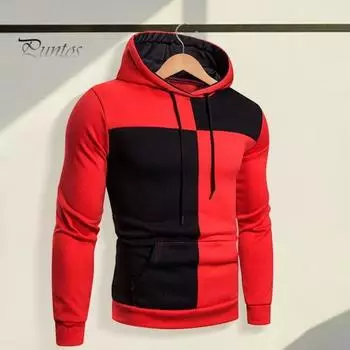 Мужская толстовка с капюшоном на осень-зиму с цветными блоками, длинными рукавами, большим карманом, с капюшоном в стиле ретро, тонкая свободная повседневная школьная одежда, повседневный спортивный топ M оранжевый