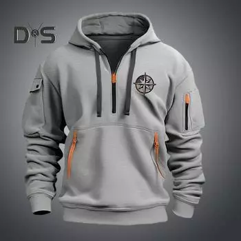 Мужская толстовка с капюшоном на осень-зиму, однотонная, с длинными рукавами, застежкой-молнией до середины бедра, вышитым значком, большим карманом, с капюшоном, свободная повседневная одежда, повседневный спортивный топ M чёрный