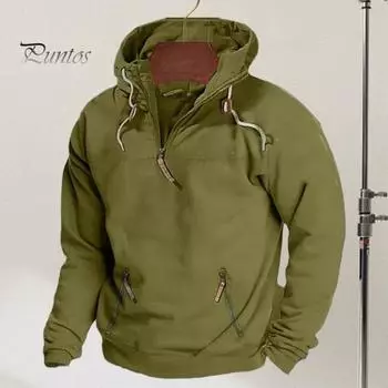 Мужская толстовка с капюшоном на осень-зиму с карманом, застежкой-молнией на половину длины, в винтажном стиле, с длинными рукавами, однотонная, средней длины, свободная, повседневная S чёрный