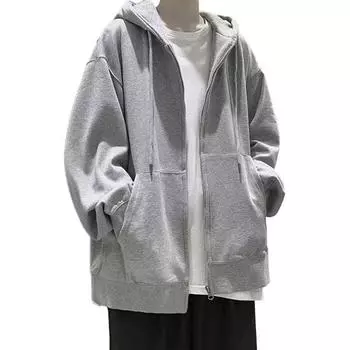 Мужская толстовка с капюшоном на осень-зиму, свободная, на молнии, с длинными рукавами и карманами, с капюшоном, кардиган больших размеров, тонкая, однотонная, повседневная одежда, повседневное пальто L серый