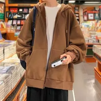 Мужская толстовка с капюшоном на осень-зиму с толстой флисовой подкладкой, с капюшоном, длинными рукавами и большими карманами, однотонная, свободные эластичные манжеты, завязка на шнурок, женская куртка для пары, спортивная L чёрный