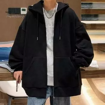 Мужская толстовка с капюшоном на осень-зиму с толстой флисовой подкладкой, с капюшоном, длинными рукавами и большими карманами, однотонная, свободные эластичные манжеты, завязка на шнурок, женская куртка для пары, спортивная M чёрный
