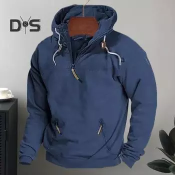 Мужская толстовка с капюшоном на осень-зиму с карманом, застежкой-молнией на половину длины, в винтажном стиле, с длинными рукавами, однотонная, средней длины, свободная, повседневная S армия зеленый