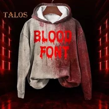 Мужская толстовка с капюшоном на осень-зиму на Хэллоуин с принтом кровавых пятен, эластичными манжетами, ретро-узором с 3D-буквами, толстая, градиентного цвета, с капюшоном, свободная, сохраняющая тепло, средней длины, спортивная XL
