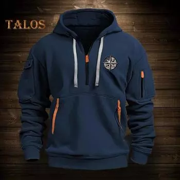 Мужская толстовка с капюшоном на осень-зиму, однотонная, с длинными рукавами, застежкой-молнией до середины бедра, вышитым значком, большим карманом, с капюшоном, свободная повседневная одежда, повседневный спортивный топ M чёрный