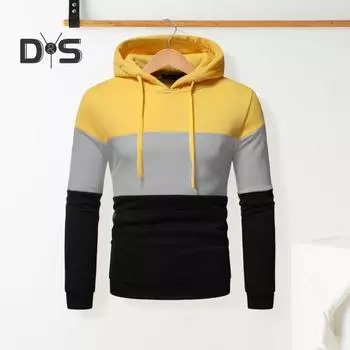 Мужская толстовка с капюшоном на осень-зиму с цветными блоками, длинными рукавами, большим карманом, с капюшоном в стиле ретро, тонкая свободная повседневная школьная одежда, повседневный спортивный топ M жёлтый