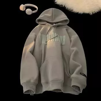 Мужская толстовка с капюшоном на осень-зиму с принтом букв, эластичными манжетами, толстым плюшем, большим накладным карманом, с капюшоном, свободная, сохраняющая тепло, средней длины M светло-зеленый