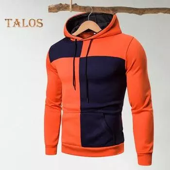 Мужская толстовка с капюшоном на осень-зиму с цветными блоками, длинными рукавами, большим карманом, с капюшоном в стиле ретро, тонкая свободная повседневная школьная одежда, повседневный спортивный топ L оранжевый