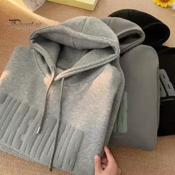 Мужская толстовка с капюшоном на осень-зиму с принтом букв, эластичными манжетами, толстым плюшем, большим накладным карманом, с капюшоном, свободная, сохраняющая тепло, средней длины XL серый