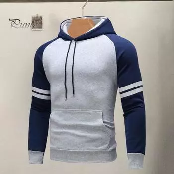 Мужская толстовка с капюшоном на осень-зиму с цветными блоками, длинными рукавами, большим карманом, эластичными манжетами и подолом, тонкая облегающая повседневная одежда, повседневный спортивный топ M черный серый